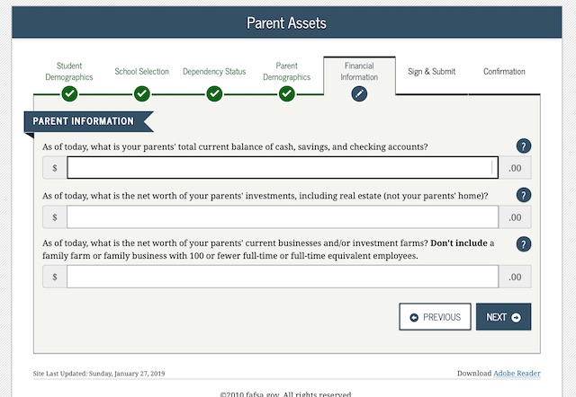 アメリカの奨学金 FAFSA　収入，資産情報