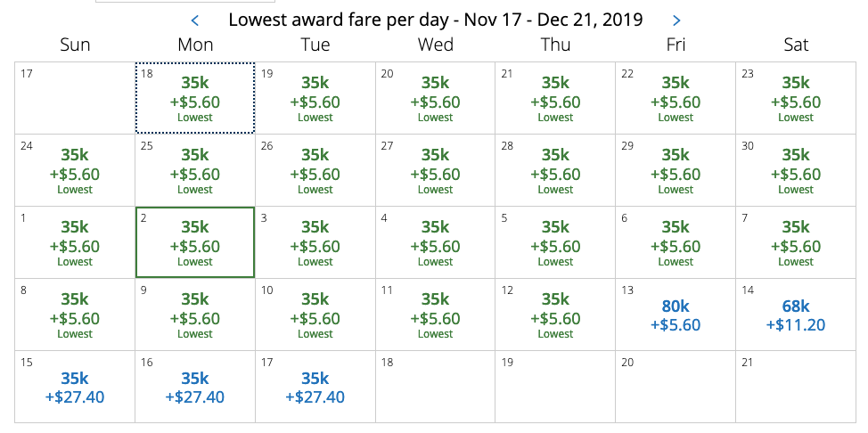 ユナイテッド特典航空券　2019年11月から