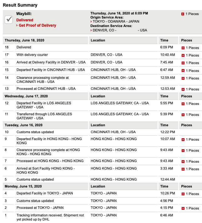 amazon Japan からアメリカへ発送 DHL 到着日数　コミック