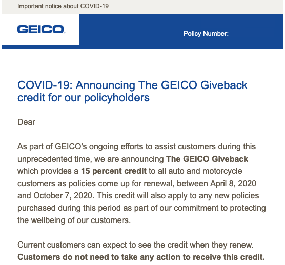 アメリカの自動車保険 GEICO コロナウイルス感染拡大で保険料金の一部を返金