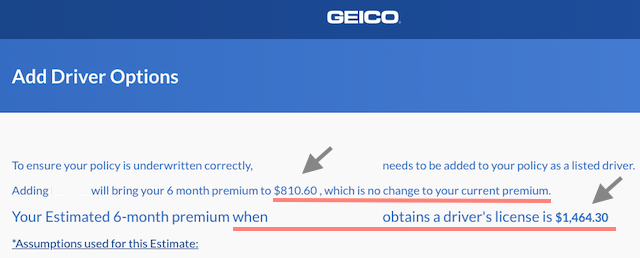 アメリカの自動車保険 GEICO 10代 仮免 Learner Permit の保険料 本免許の場合の保険料