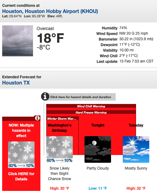 Houston の気温 -8℃ 2021年2月15日 07:53CST