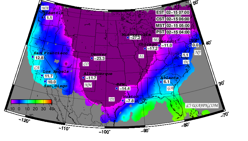 アメリカ気温マップ 強い寒気流入中 2021年2月15日 早朝