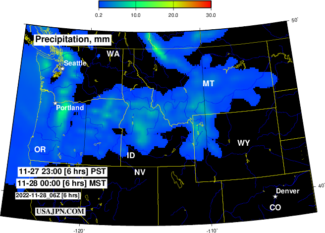 アメリカ北西部の降水（雨・雪）予報マップ 1