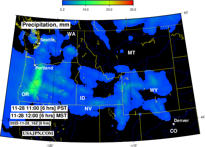 アメリカ北西部の降水（雨・雪）予報マップ 1