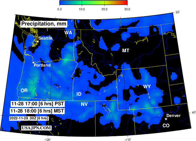 アメリカ北西部の降水（雨・雪）予報マップ 1