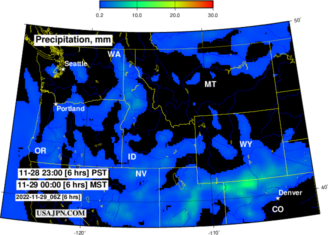 アメリカ北西部の降水（雨・雪）予報マップ 1