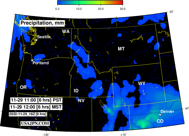 アメリカ北西部の降水（雨・雪）予報マップ 1
