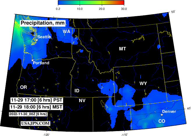 アメリカ北西部の降水（雨・雪）予報マップ 1