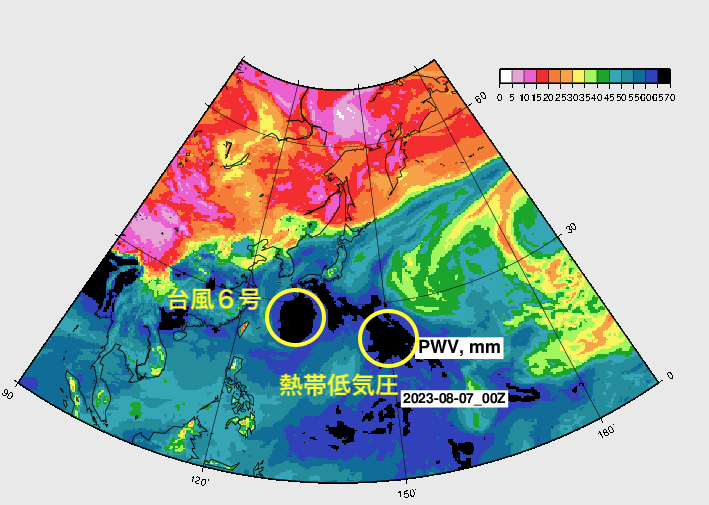 NOAA GFS 可降水量予報 2023-08-07 00Z