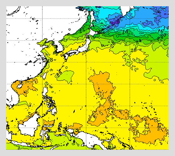 太平洋の海面水温マップ 2023年8月2日 台風６号