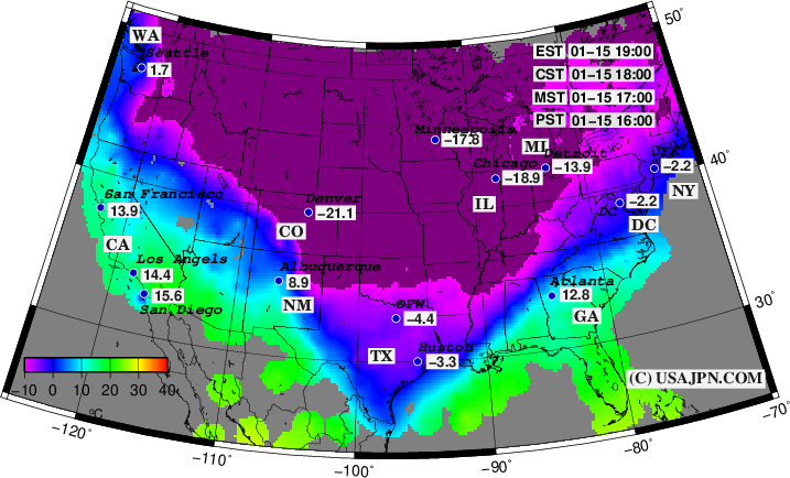 アメリカ中東部に強い寒波流入 2024年1月15日の気温