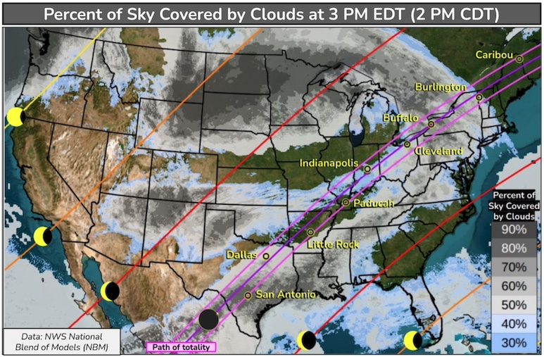 2024年４月8日 アメリカ皆既日食 天気予報　１日前