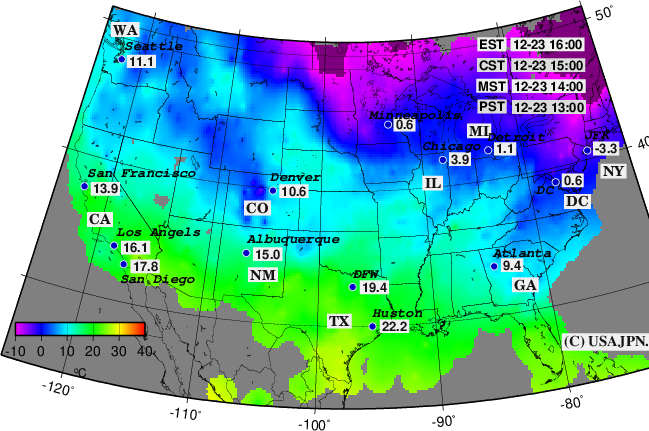 アメリカの１日前の気温観測値