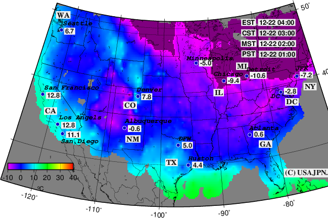 アメリカの２日前の気温観測値