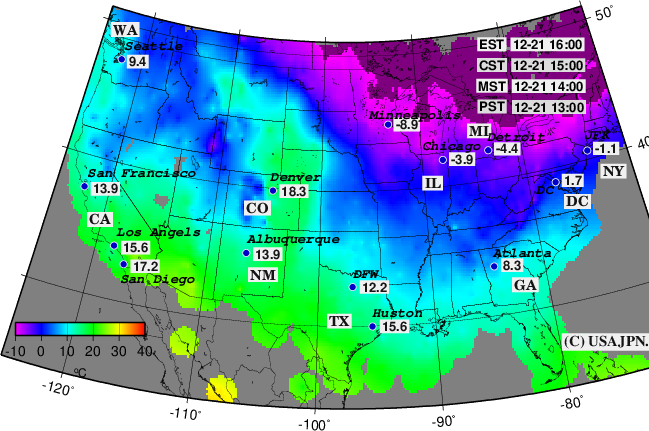 アメリカの２日前の気温観測値