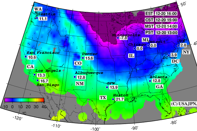 アメリカの３日前の気温観測値